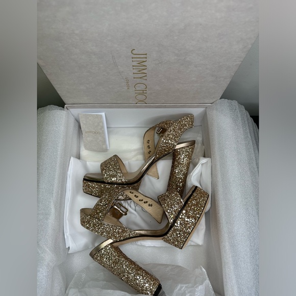 Jimmy Choo Maie Gold Glitter Platform Heels size 38 - Picture 4 of 14